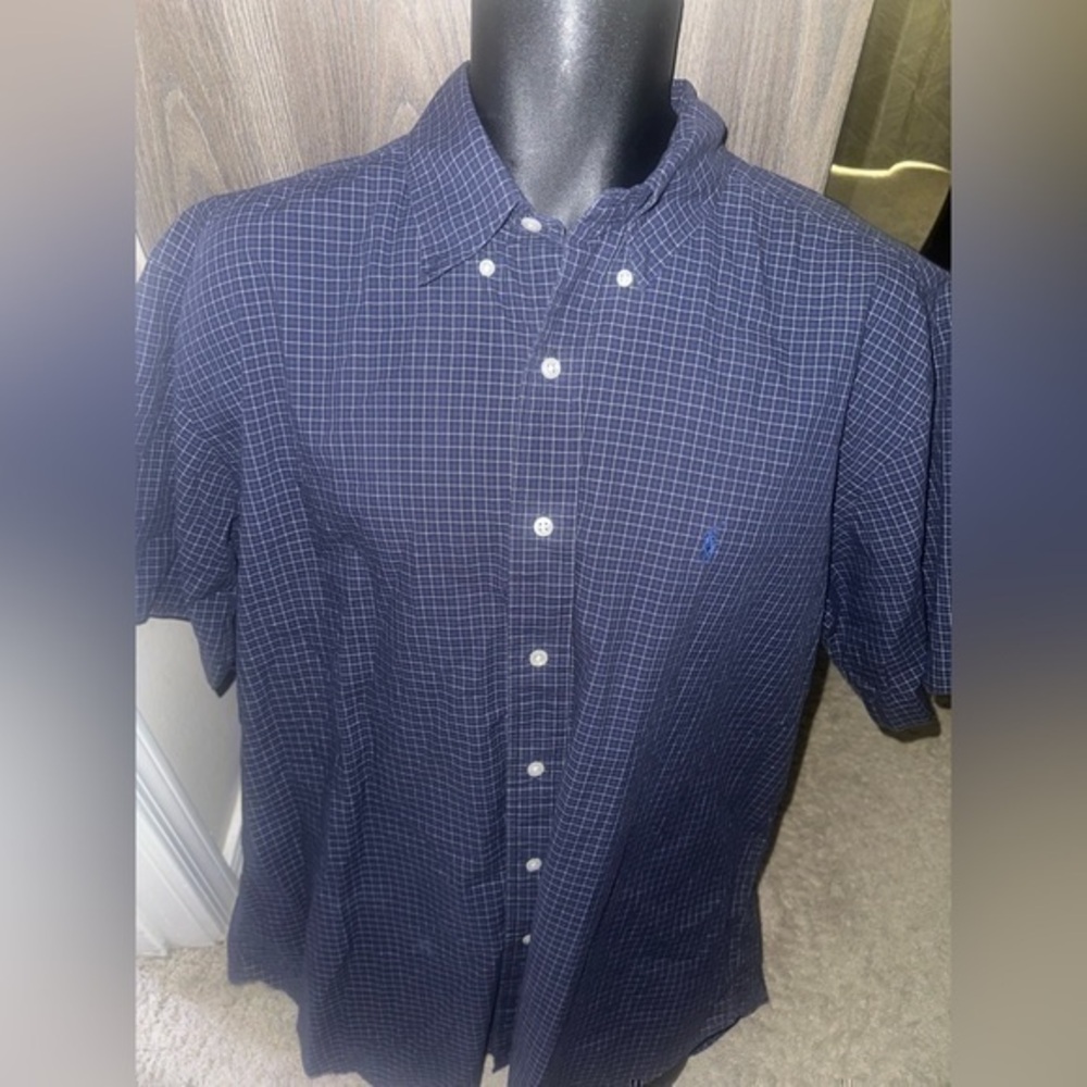 Men’s used size L large Blake Ralph Lauren polo button front blue plaid shirt